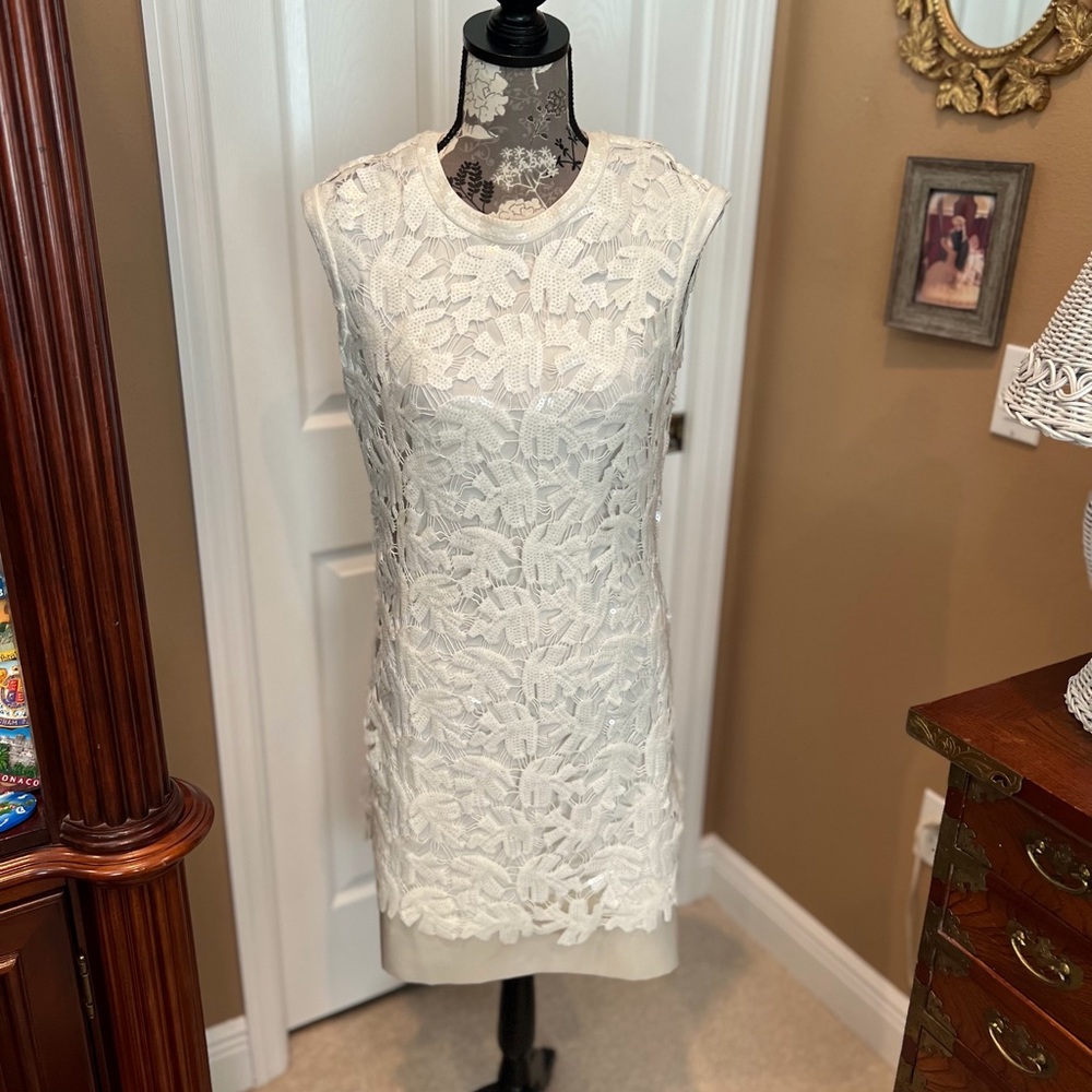 BCBG White sequin patterned dress S
